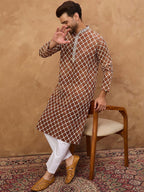Men Brown Viscose Rayon Solid Embroidered Straight Kurta With Pant Set-MKSET1535