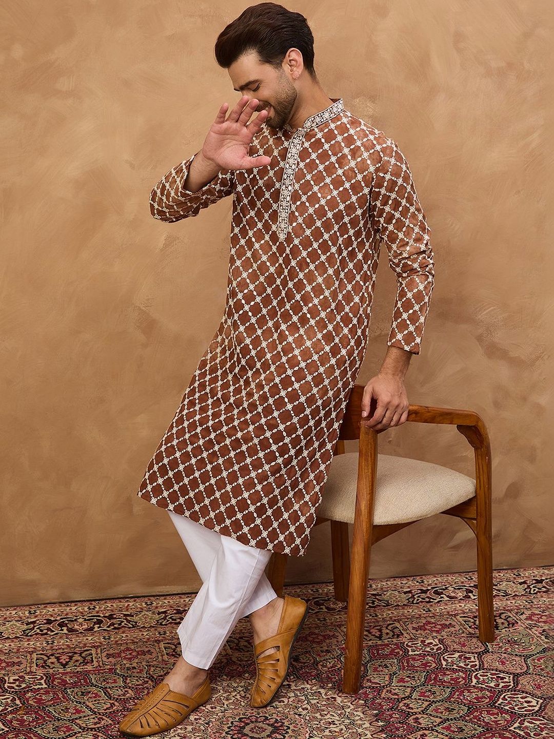 Men Brown Viscose Rayon Solid Embroidered Straight Kurta With Pant Set-MKSET1535