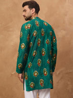 Men Teal Viscose Rayon Ethnic Motifs Printed Straight Kurta With Pant Set-MKSET1541