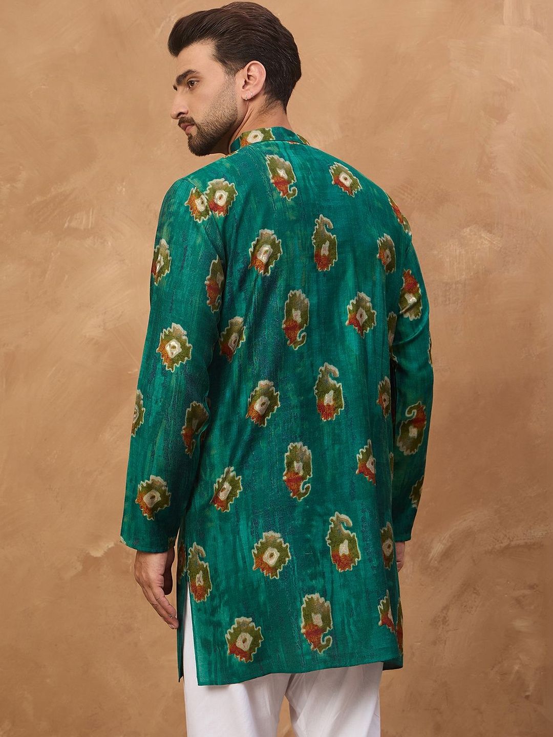 Men Teal Viscose Rayon Ethnic Motifs Printed Straight Kurta With Pant Set-MKSET1541