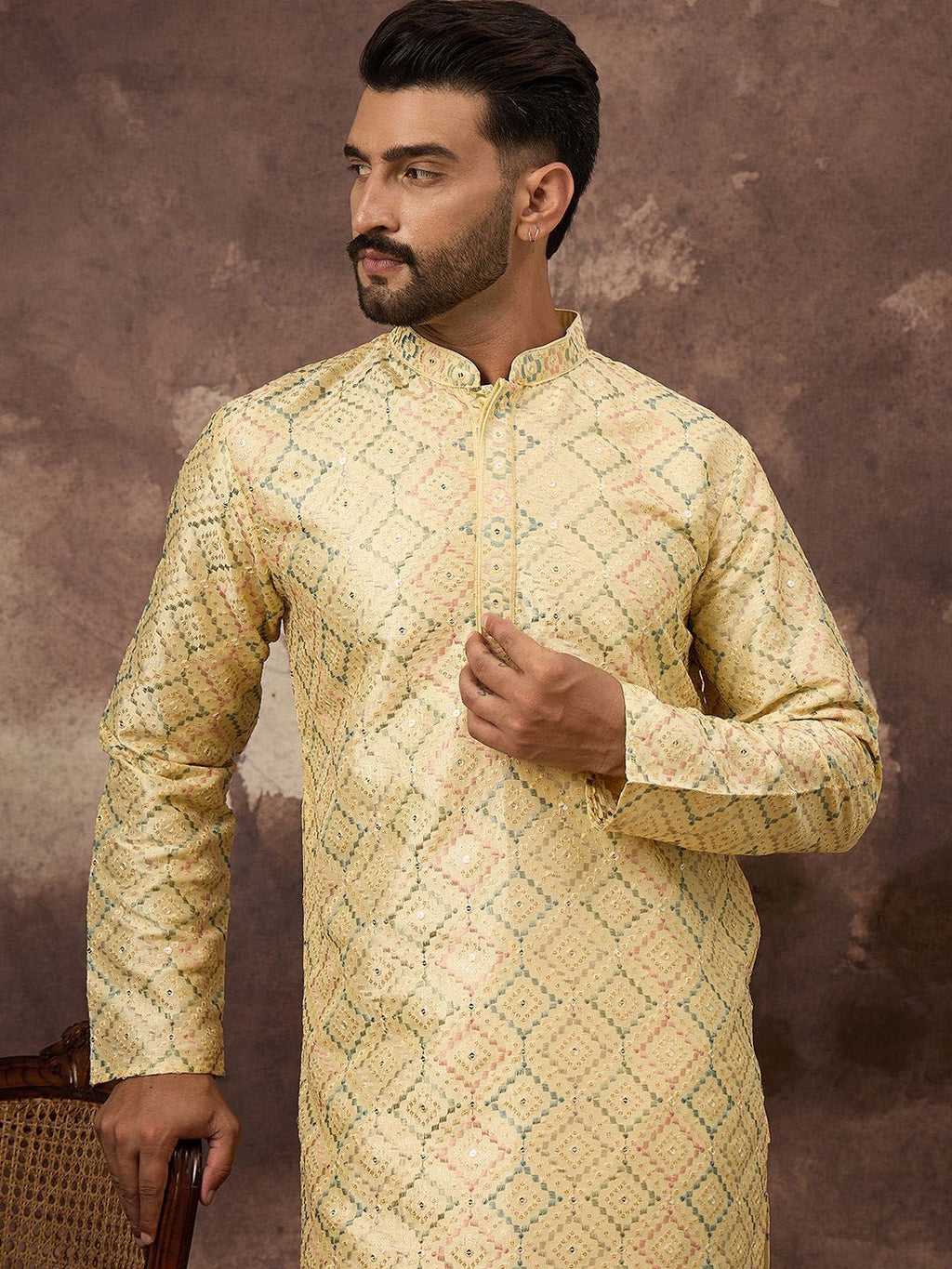 Men Yellow Silk Blend Solid Embroidered Straight Kurta With Pant Set-MKSET1383