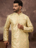 Men Yellow Silk Blend Solid Embroidered Straight Kurta With Pant Set-MKSET1383