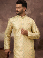 Men Yellow Silk Blend Solid Embroidered Straight Kurta With Pant Set-MKSET1383