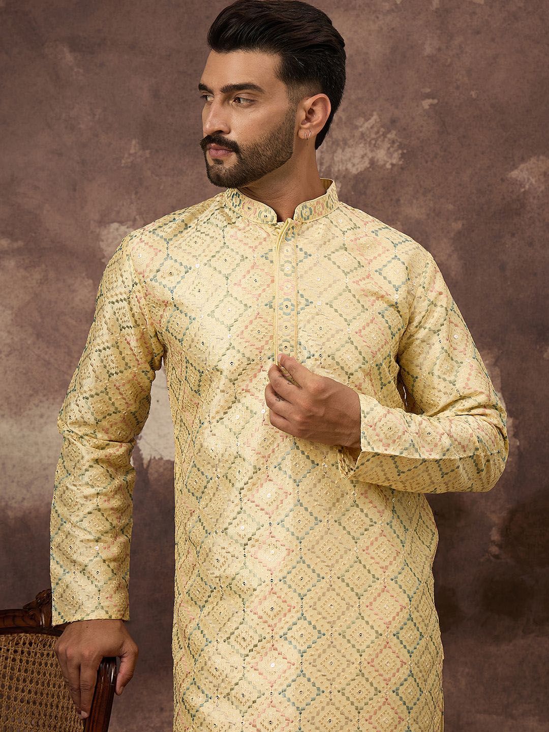 Men Yellow Silk Blend Solid Embroidered Straight Kurta With Pant Set-MKSET1383