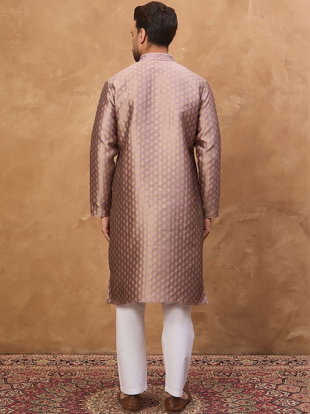 Men Mauve Silk Blend Solid Woven Design Straight Kurta With Pant Set-MKSET1458