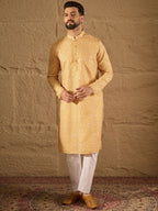 Men Yellow Silk Blend Ethnic Motif Embroidered Straight Kurta With Pant Set-MKSET1304