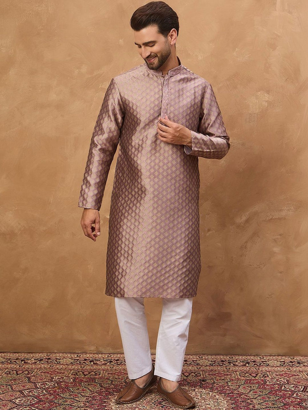 Men Mauve Silk Blend Solid Woven Design Straight Kurta With Pant Set-MKSET1458