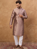 Men Mauve Silk Blend Solid Woven Design Straight Kurta With Pant Set-MKSET1458