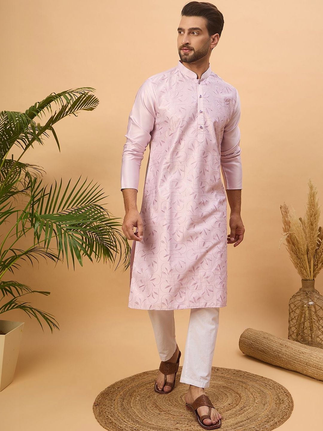 Men Lavender Silk Blend Solid Embroidered Straight Kurta With Pant Set-MKSET1447