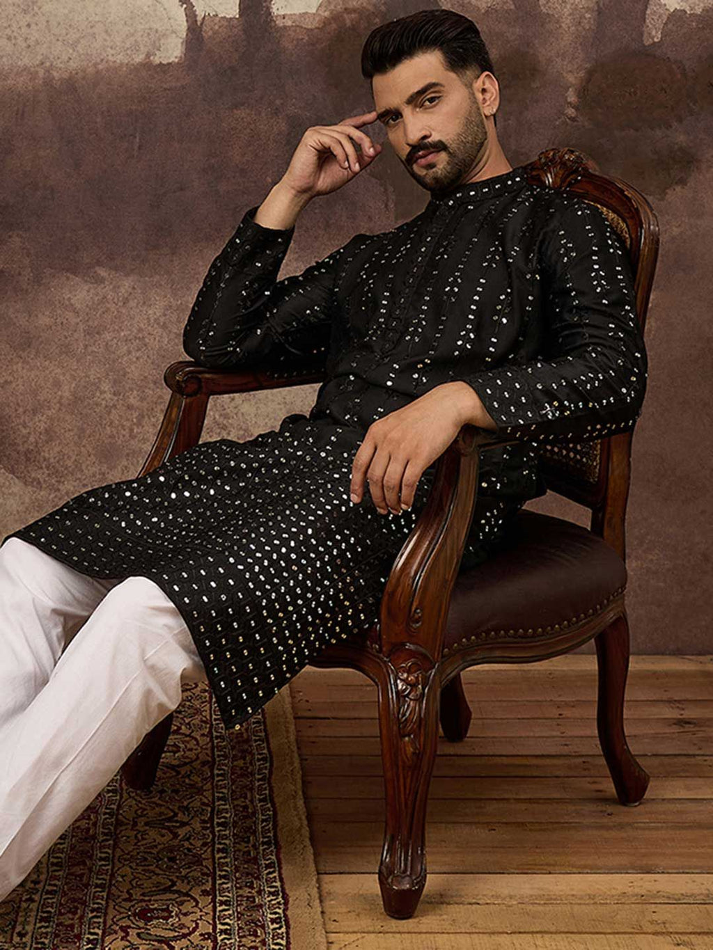 Men Black Silk Blend Solid Embroidered Straight Kurta With Pant Set-MKSET1360