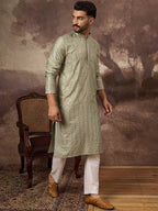 Men Green Silk Blend Solid Embroidered Straight Kurta With Pant Set-MKSET1356