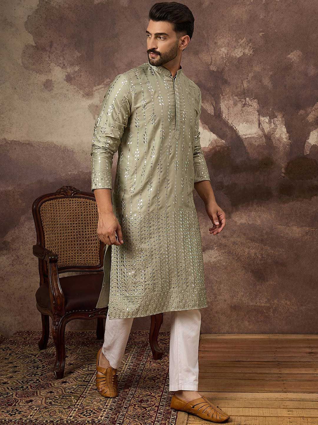 Men Green Silk Blend Solid Embroidered Straight Kurta With Pant Set-MKSET1356