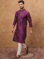 Men Purple Silk Blend Geometric Printed Straight Kurta With Pant Set-MKSET1518