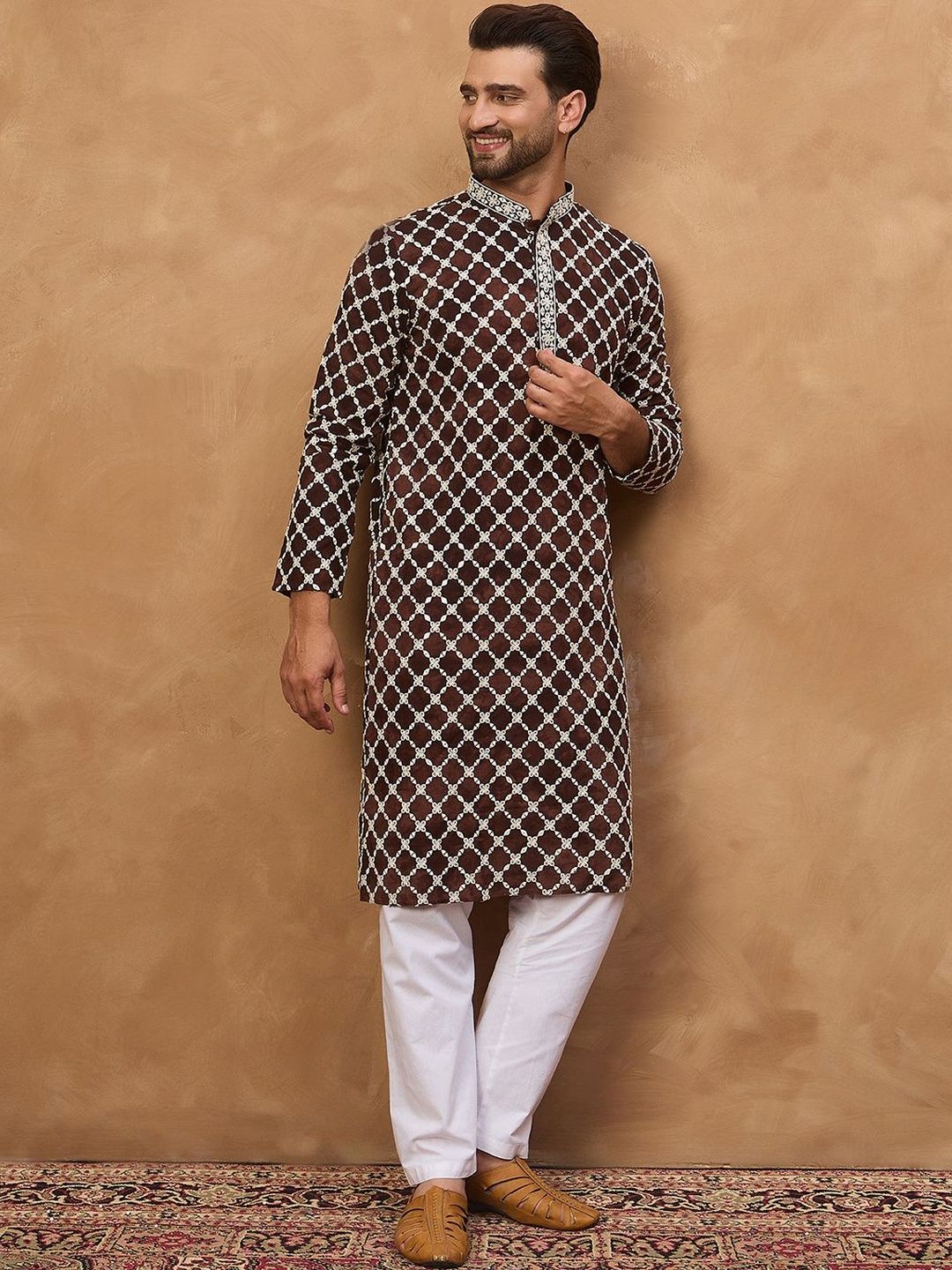 Men Brown Viscose Rayon Solid Embroidered Straight Kurta With Pant Set-MKSET1536