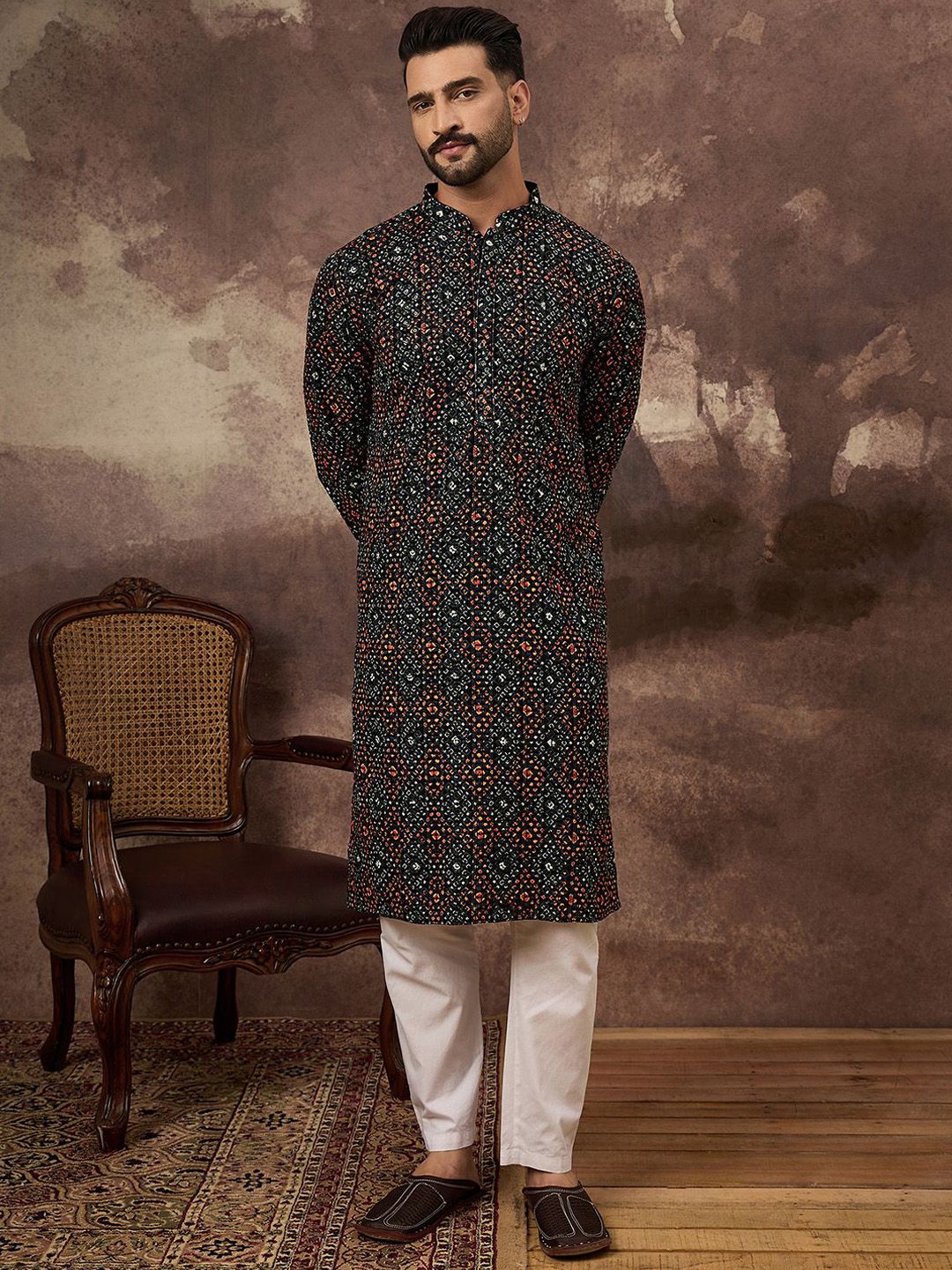 Men Black Viscose Rayon Bandhani Embroidered Straight Kurta With Pant Set-MKSET1402