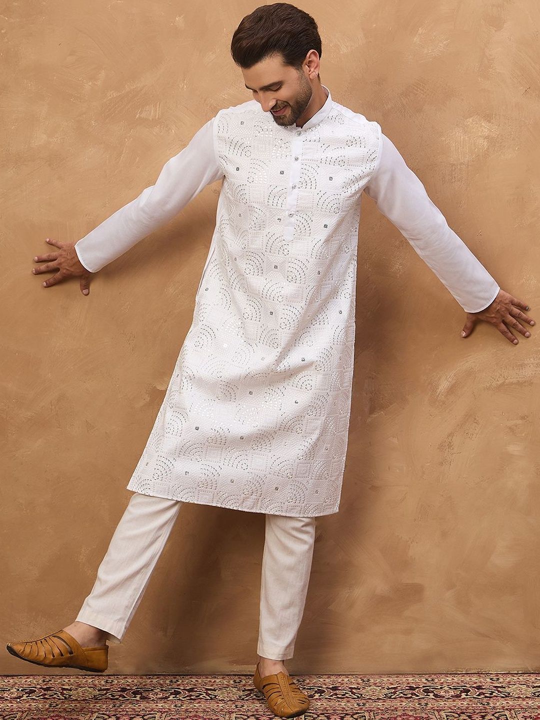 Men White Silk Blend Solid Embroidered Straight Kurta With Pant Set-MKSET1444