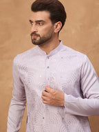 Men Lavender Silk Blend Solid Embroidered Straight Kurta With Pant Set-MKSET1443