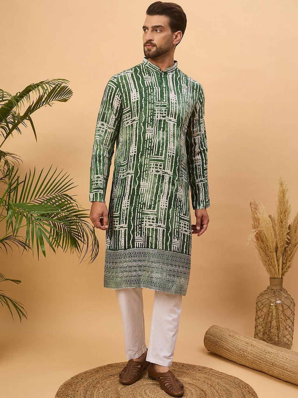 Men Green Viscose Rayon Batik Embroidered Straight Kurta With Pant Set-MKSET1500