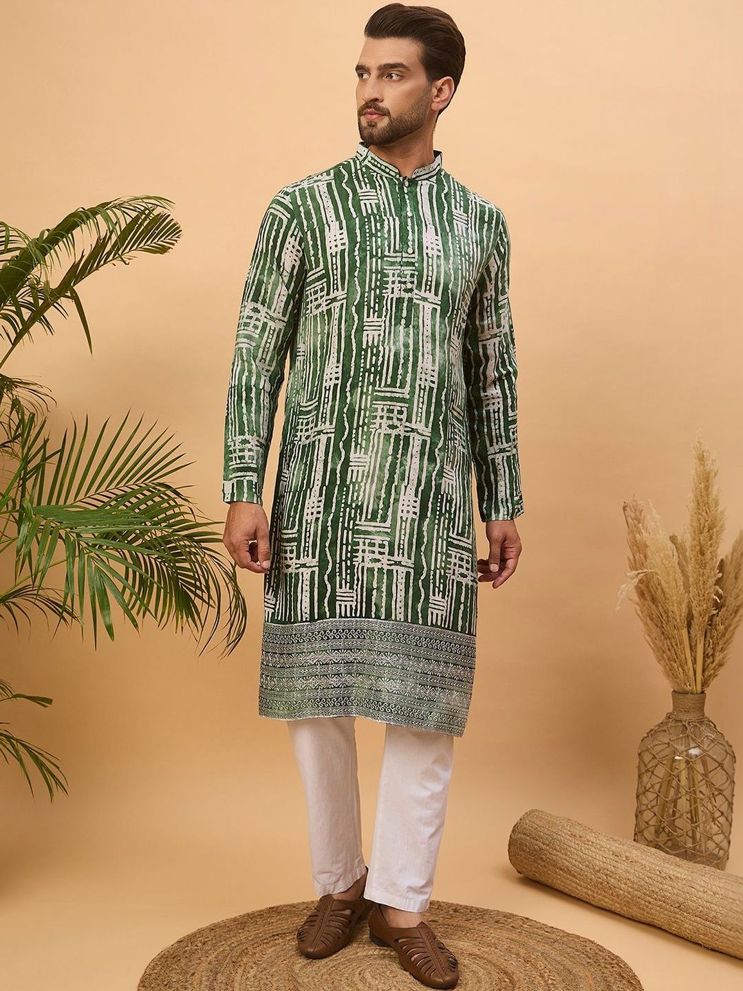 Men Green Viscose Rayon Batik Embroidered Straight Kurta With Pant Set-MKSET1500