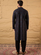 Mens Black Viscose Rayon Geometric Embroidered Chikankari Straight Kurta With Pant Set-MKSET1166
