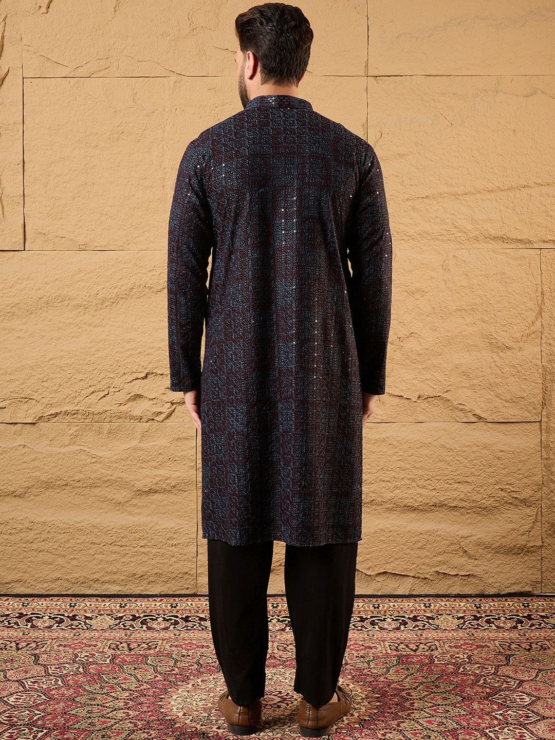 Mens Black Viscose Rayon Geometric Embroidered Chikankari Straight Kurta With Pant Set-MKSET1166
