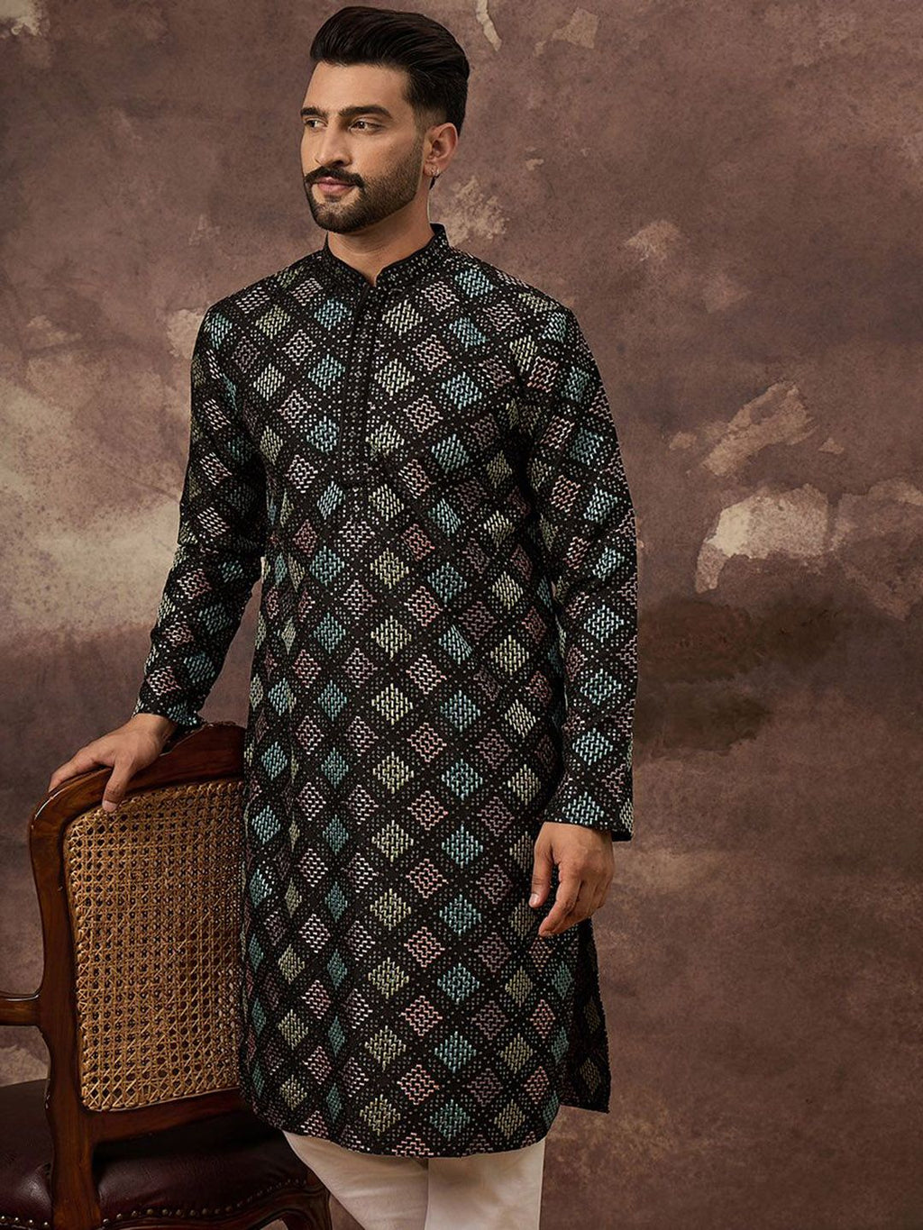 Men Black Silk Blend Solid Embroidered Straight Kurta With Pant Set-MKSET1384