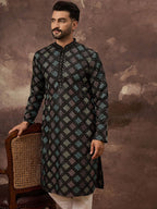 Men Black Silk Blend Solid Embroidered Straight Kurta With Pant Set-MKSET1384