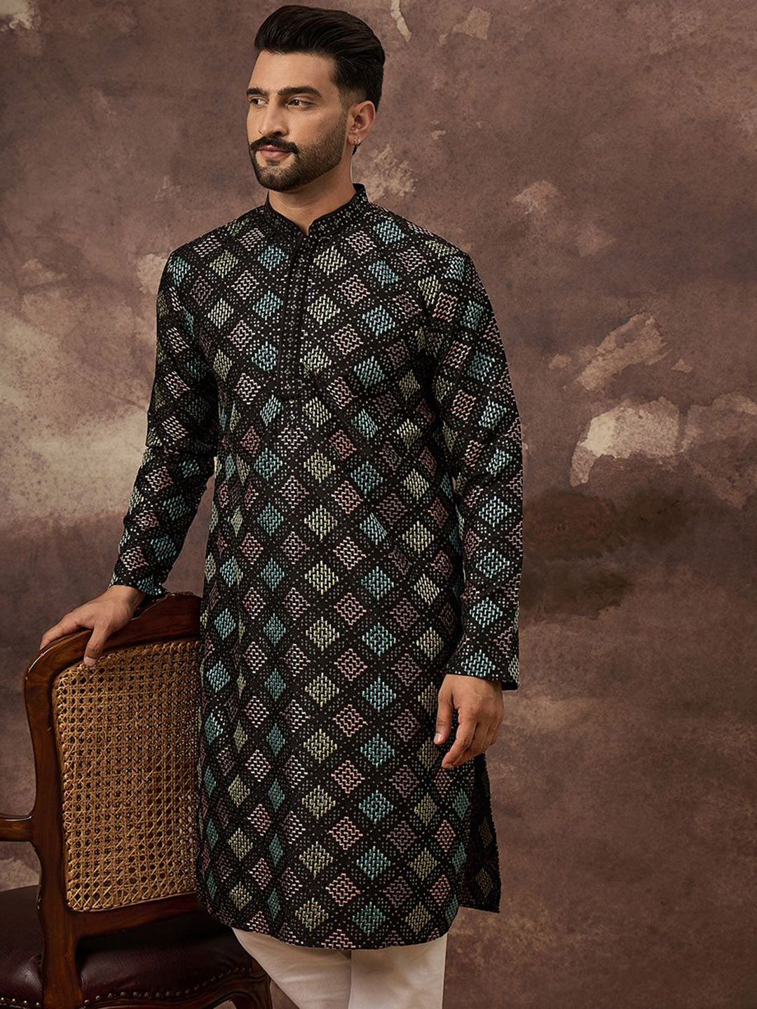 Men Black Silk Blend Solid Embroidered Straight Kurta With Pant Set-MKSET1384