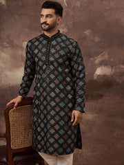 Men Black Silk Blend Solid Embroidered Straight Kurta With Pant Set-MKSET1384