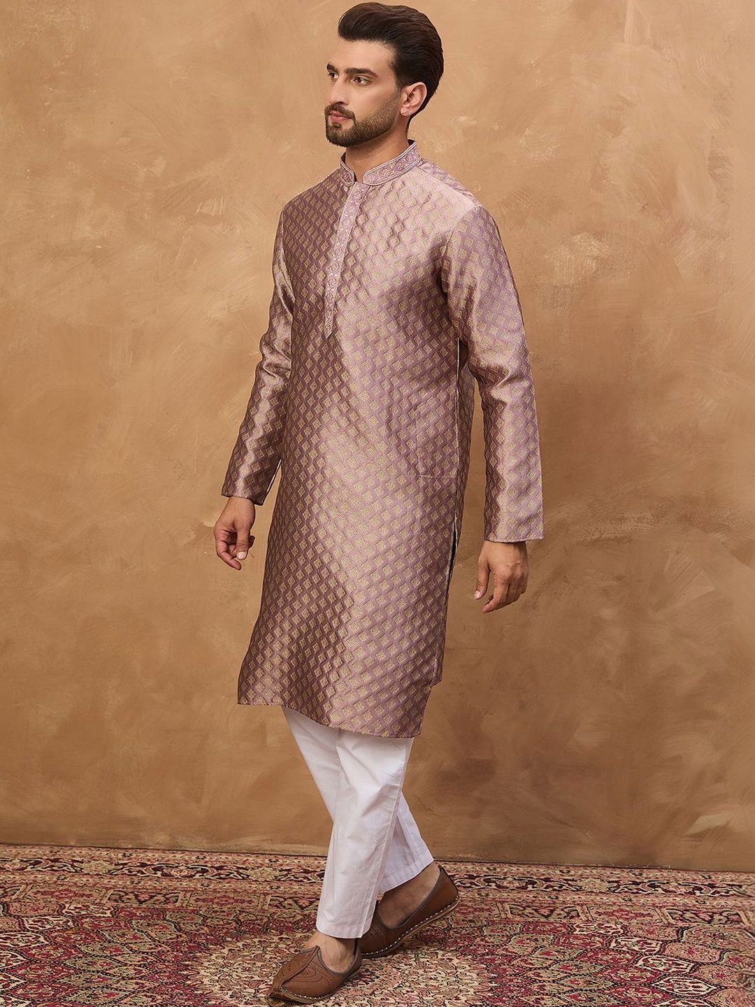Men Mauve Silk Blend Solid Woven Design Straight Kurta With Pant Set-MKSET1458