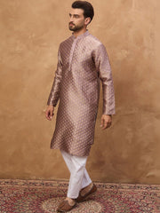 Men Mauve Silk Blend Solid Woven Design Straight Kurta With Pant Set-MKSET1458