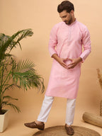 Men Pink Silk Blend Solid Embroidered Straight Kurta With Pant Set-MKSET1454
