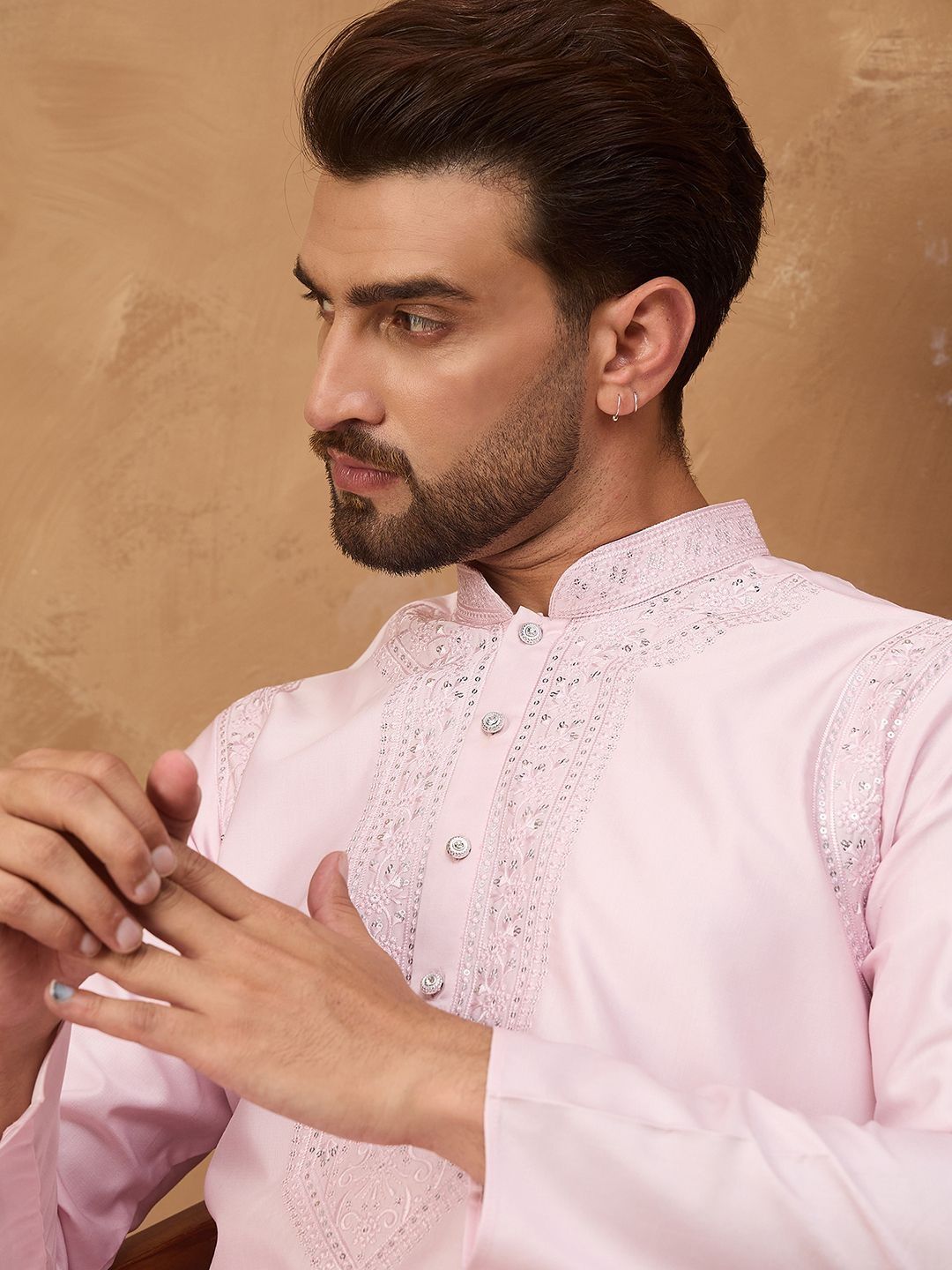 Men Pink Silk Blend Solid Embroidered Straight Kurta With Pant Set-MKSET1512