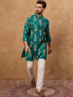 Men Blue Viscose Rayon Ikat Printed Straight Kurta With Pant Set-MKSET1546