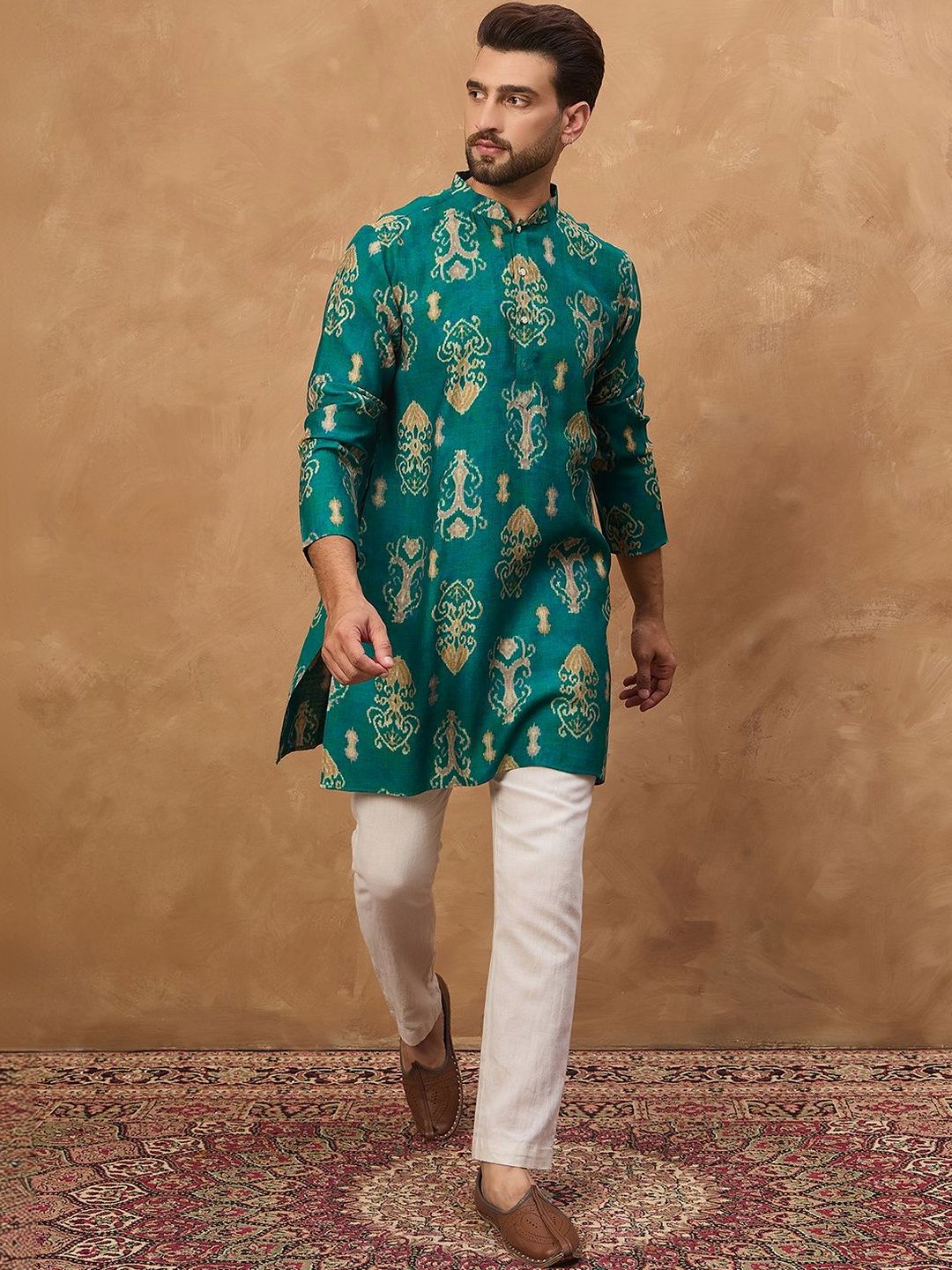 Men Blue Viscose Rayon Ikat Printed Straight Kurta With Pant Set-MKSET1546