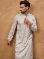 Men Grey Silk Blend Solid Embroidered Straight Kurta With Pant Set-MKSET1438