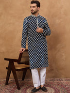 Men Blue Viscose Rayon Shibori Embroidered Straight Kurta With Pant Set-MKSET1414