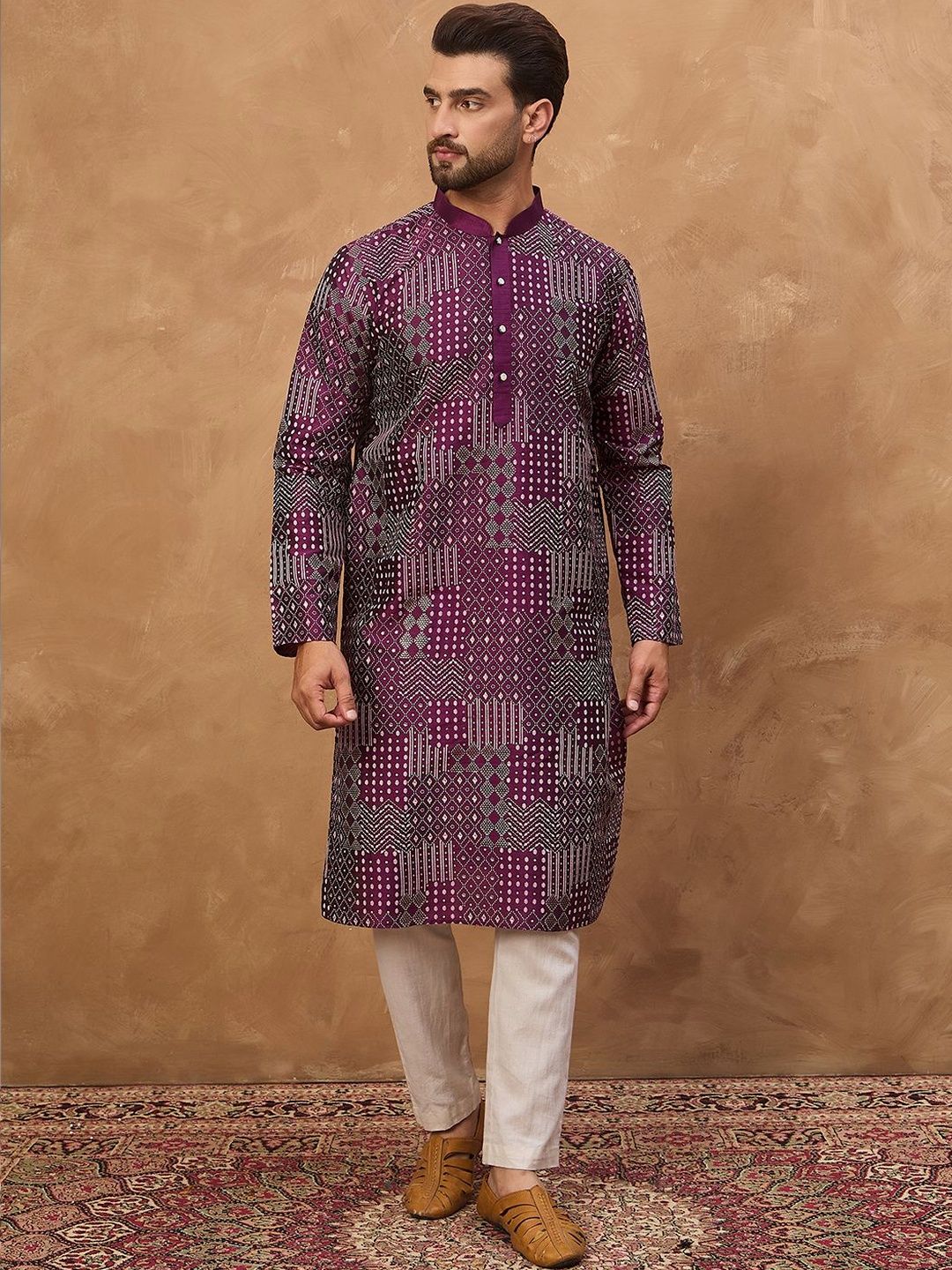 Men Purple Silk Blend Geometric Printed Straight Kurta With Pant Set-MKSET1529