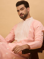 Men Peach Silk Blend Solid Embroidered Straight Kurta With Pant Set-MKSET1510