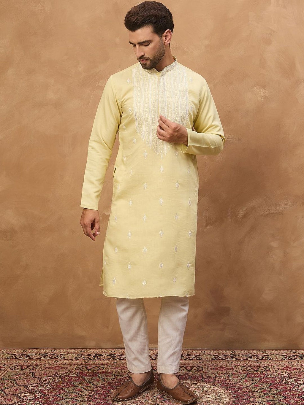 Men Yellow Silk Blend Solid Embroidered Straight Kurta With Pant Set-MKSET1509
