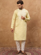 Men Yellow Silk Blend Solid Embroidered Straight Kurta With Pant Set-MKSET1509