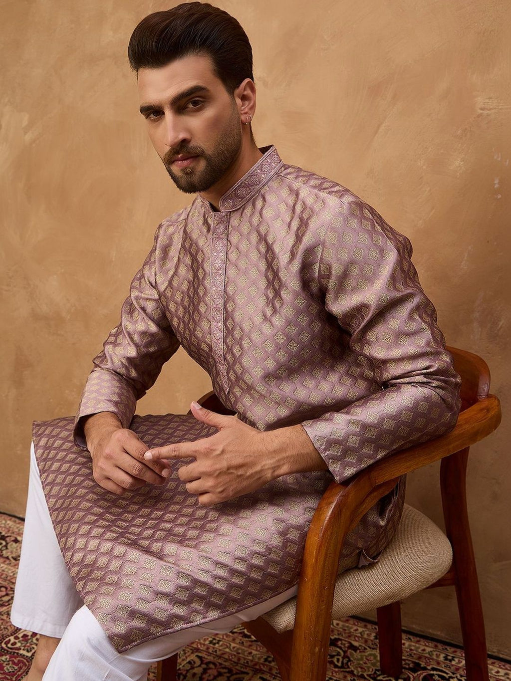 Men Mauve Silk Blend Solid Woven Design Straight Kurta With Pant Set-MKSET1458