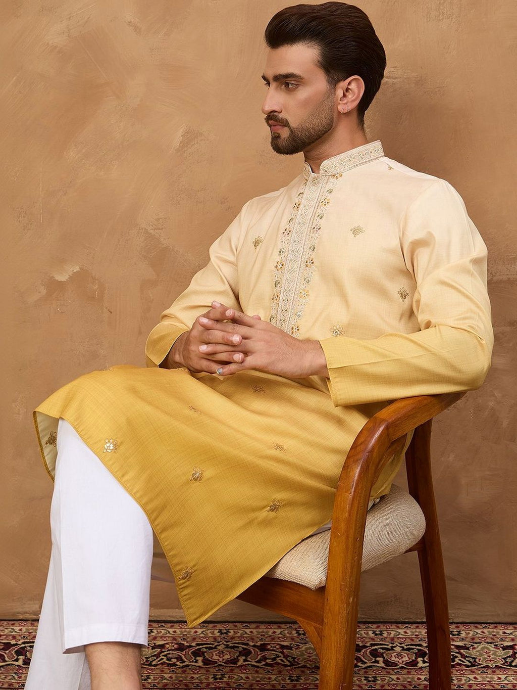 Men Yellow Silk Blend Solid Embroidered Straight Kurta With Pant Set-MKSET1486