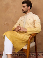 Men Yellow Silk Blend Solid Embroidered Straight Kurta With Pant Set-MKSET1486