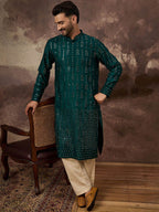 Men Teal Silk Blend Solid Embroidered Straight Kurta With Pant Set-MKSET1357