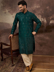 Men Teal Silk Blend Solid Embroidered Straight Kurta With Pant Set-MKSET1357