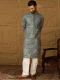 Men Blue Viscose Rayon Solid Embroidered Straight Kurta With Pant Set-MKSET1391
