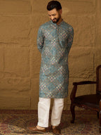 Men Blue Viscose Rayon Solid Embroidered Straight Kurta With Pant Set-MKSET1391