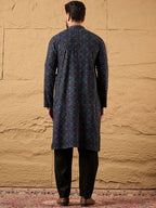 Mens Blue Viscose Rayon Abstract Embroidered Chikankari Straight Kurta With Pant Set-MKSET1172