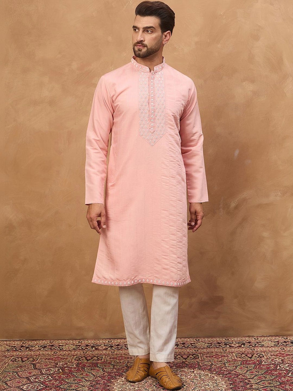 Men Peach Silk Blend Solid Solid Straight Kurta With Pant Set-MKSET1506